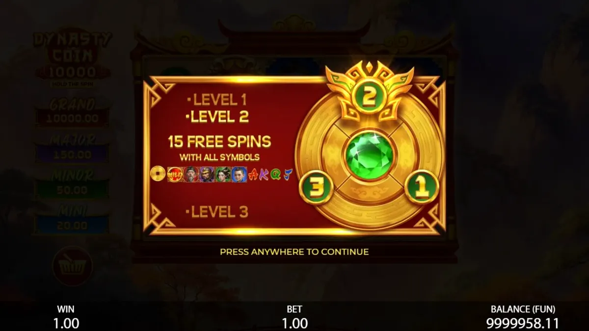 Cenário temático oriental do slot Dynasty Coin 10,000 com elementos de realeza e fortuna.